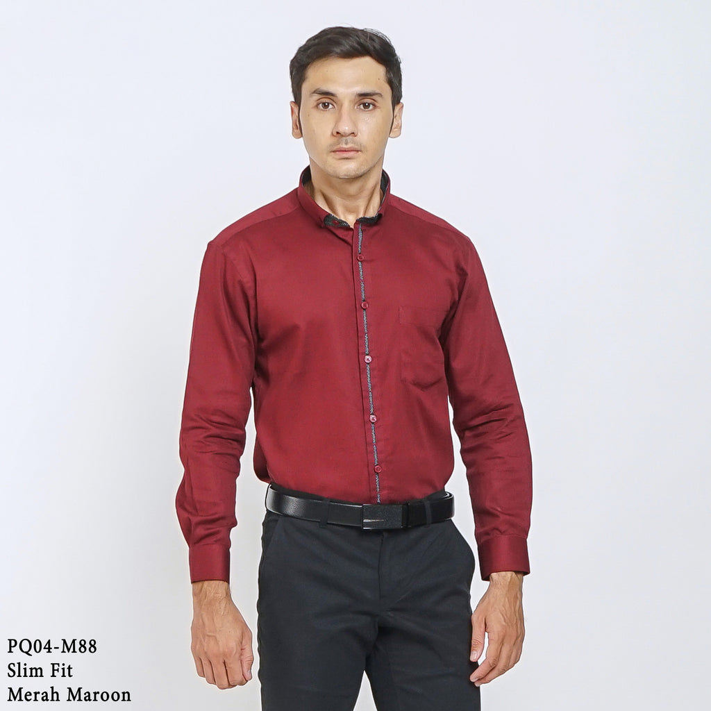 Boss SUPER Kemeja Polos Pria Cotton Pique Kombinasi List Tengah Lengan Panjang Slim Fit PQ04 Merah Maroon