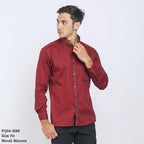 Boss SUPER Kemeja Polos Pria Cotton Pique Kombinasi List Tengah Lengan Panjang Slim Fit PQ04 Merah Maroon