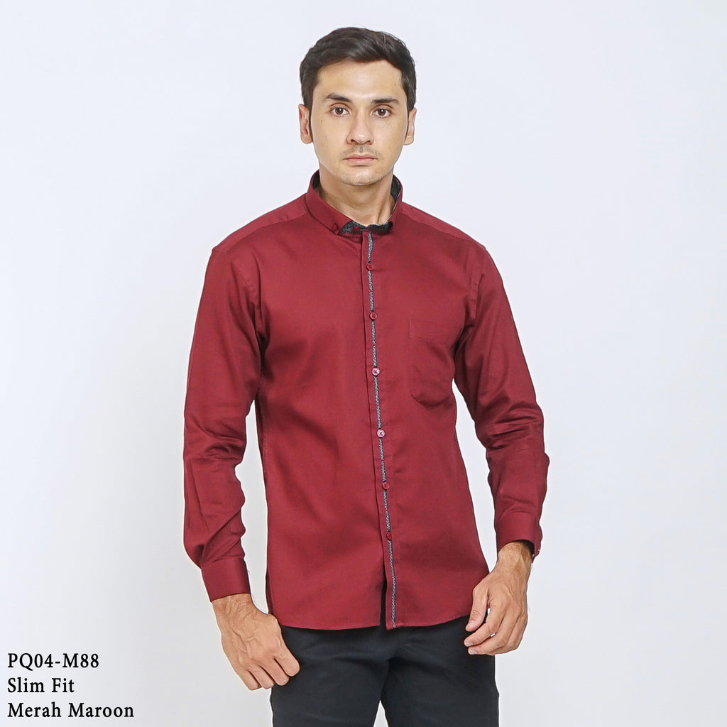 Boss SUPER Kemeja Polos Pria Cotton Pique Kombinasi List Tengah Lengan Panjang Slim Fit PQ04 Merah Maroon