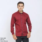 Boss SUPER Kemeja Polos Pria Cotton Pique Kombinasi List Tengah Lengan Panjang Slim Fit PQ04 Merah Maroon