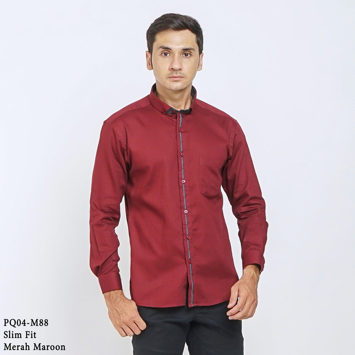 Boss SUPER Kemeja Polos Pria Cotton Pique Kombinasi List Tengah Lengan Panjang Slim Fit PQ04 Merah Maroon