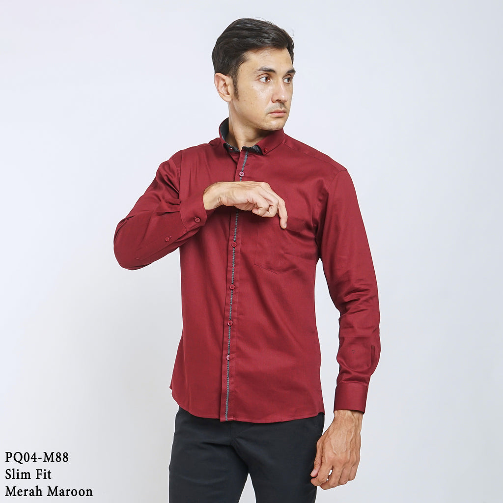 Boss SUPER Kemeja Polos Pria Cotton Pique Kombinasi List Tengah Lengan Panjang Slim Fit PQ04 Merah Maroon