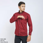 Boss SUPER Kemeja Polos Pria Cotton Pique Kombinasi List Tengah Lengan Panjang Slim Fit PQ04 Merah Maroon