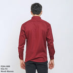 Boss SUPER Kemeja Polos Pria Cotton Pique Kombinasi List Tengah Lengan Panjang Slim Fit PQ04 Merah Maroon