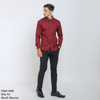 Boss SUPER Kemeja Polos Pria Cotton Pique Kombinasi List Tengah Lengan Panjang Slim Fit PQ04 Merah Maroon