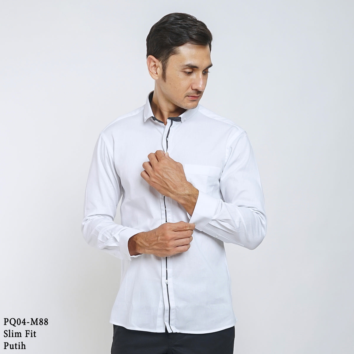Boss SUPER Kemeja Polos Pria Cotton Pique Kombinasi List Tengah Lengan Panjang Slim Fit PQ04 Putih