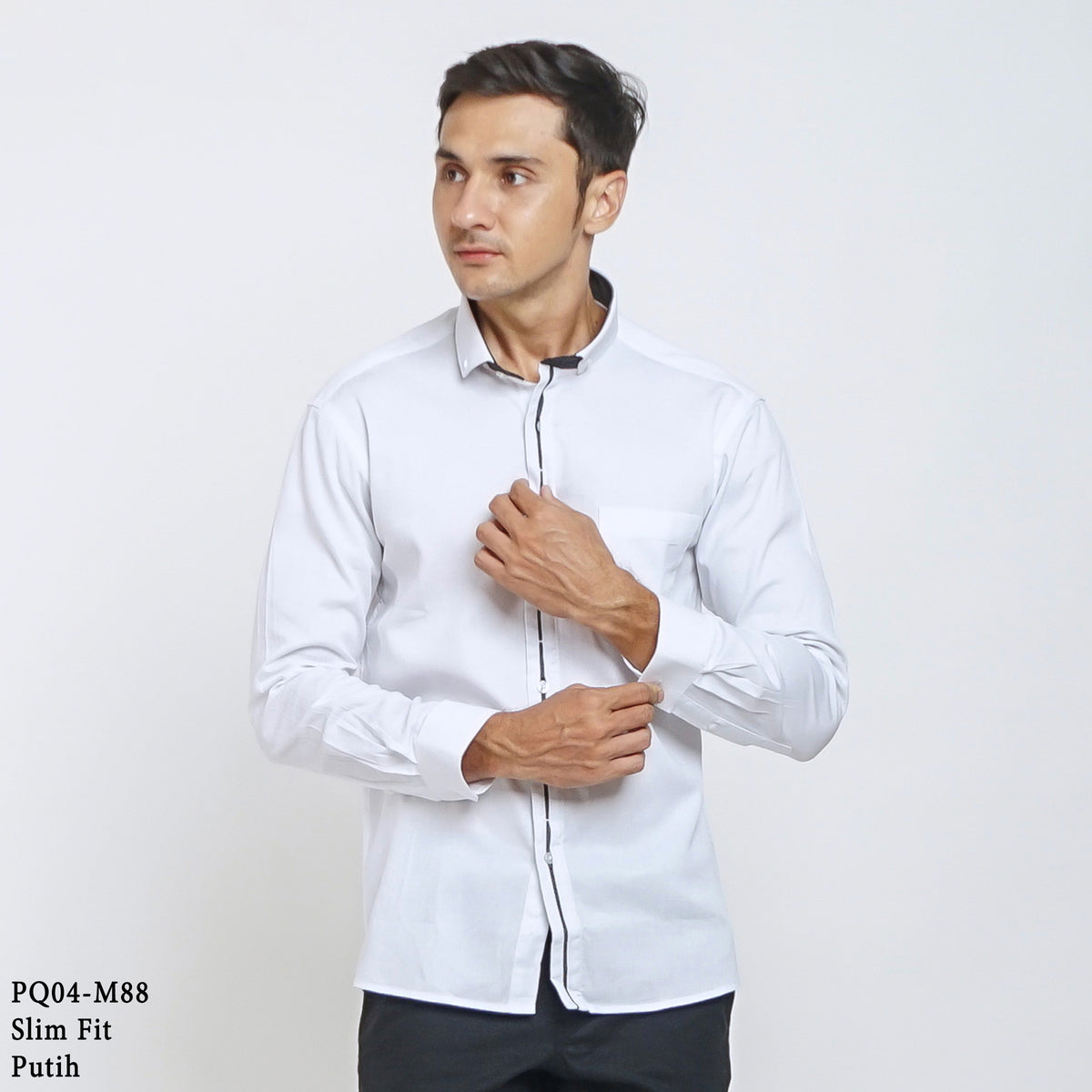 Boss SUPER Kemeja Polos Pria Cotton Pique Kombinasi List Tengah Lengan Panjang Slim Fit PQ04 Putih
