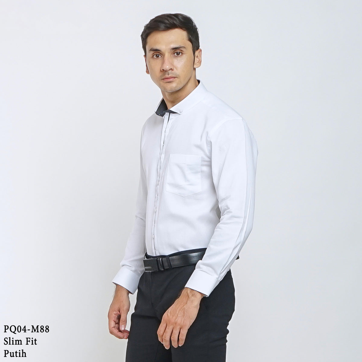 Boss SUPER Kemeja Polos Pria Cotton Pique Kombinasi List Tengah Lengan Panjang Slim Fit PQ04 Putih
