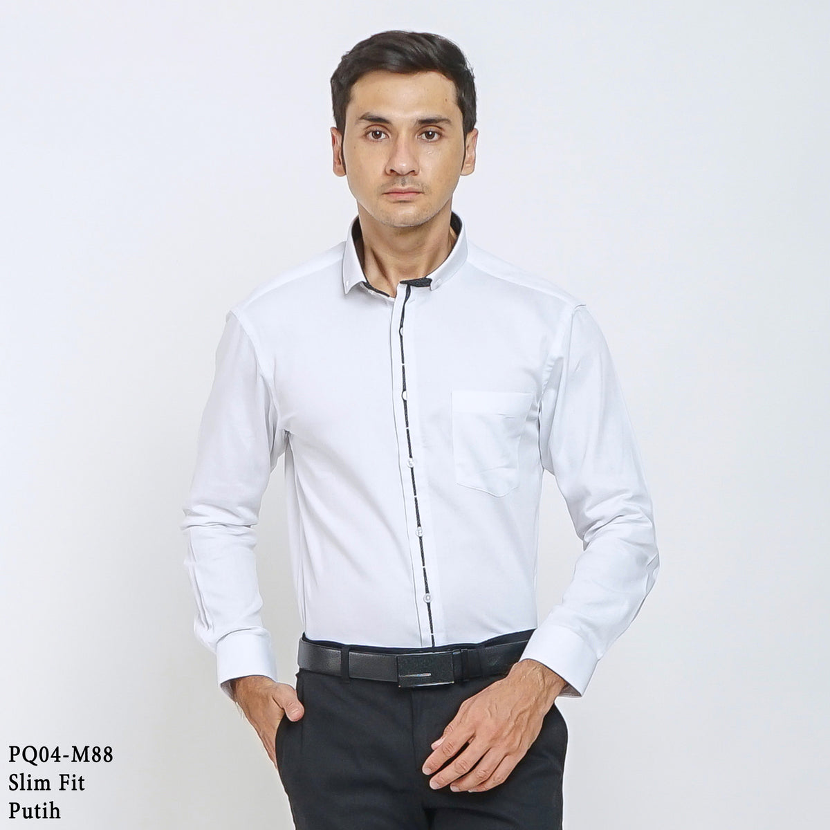 Boss SUPER Kemeja Polos Pria Cotton Pique Kombinasi List Tengah Lengan Panjang Slim Fit PQ04 Putih