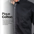 Boss SUPER Kemeja Polos Pria Cotton Pique Kombinasi List Tengah Lengan Panjang Slim Fit PQ03 Hitam