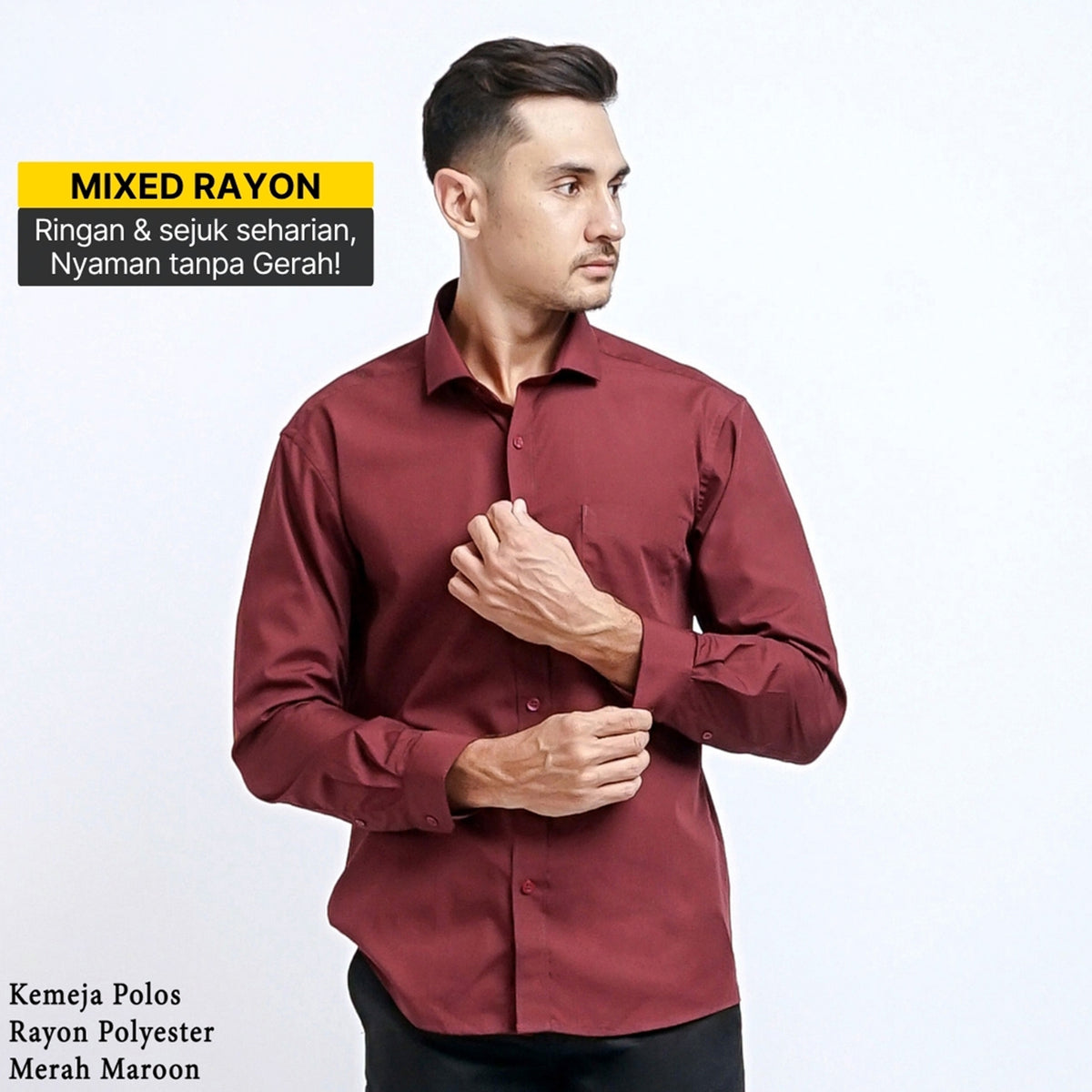 Boss SUPER Kemeja Polos Pria Lengan Panjang Mixed Rayon Regular Fit Slim Fit Merah Maroon