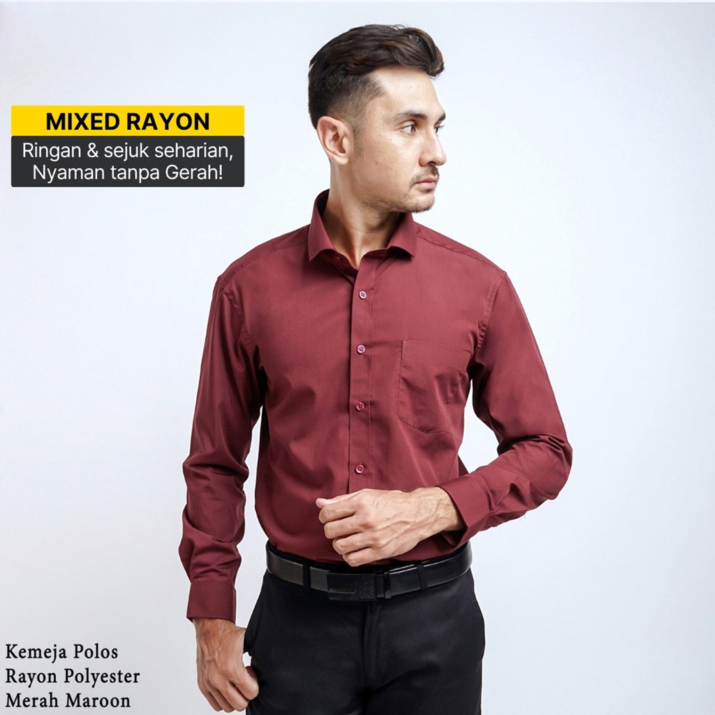 Boss SUPER Kemeja Polos Pria Lengan Panjang Mixed Rayon Regular Fit Slim Fit Merah Maroon