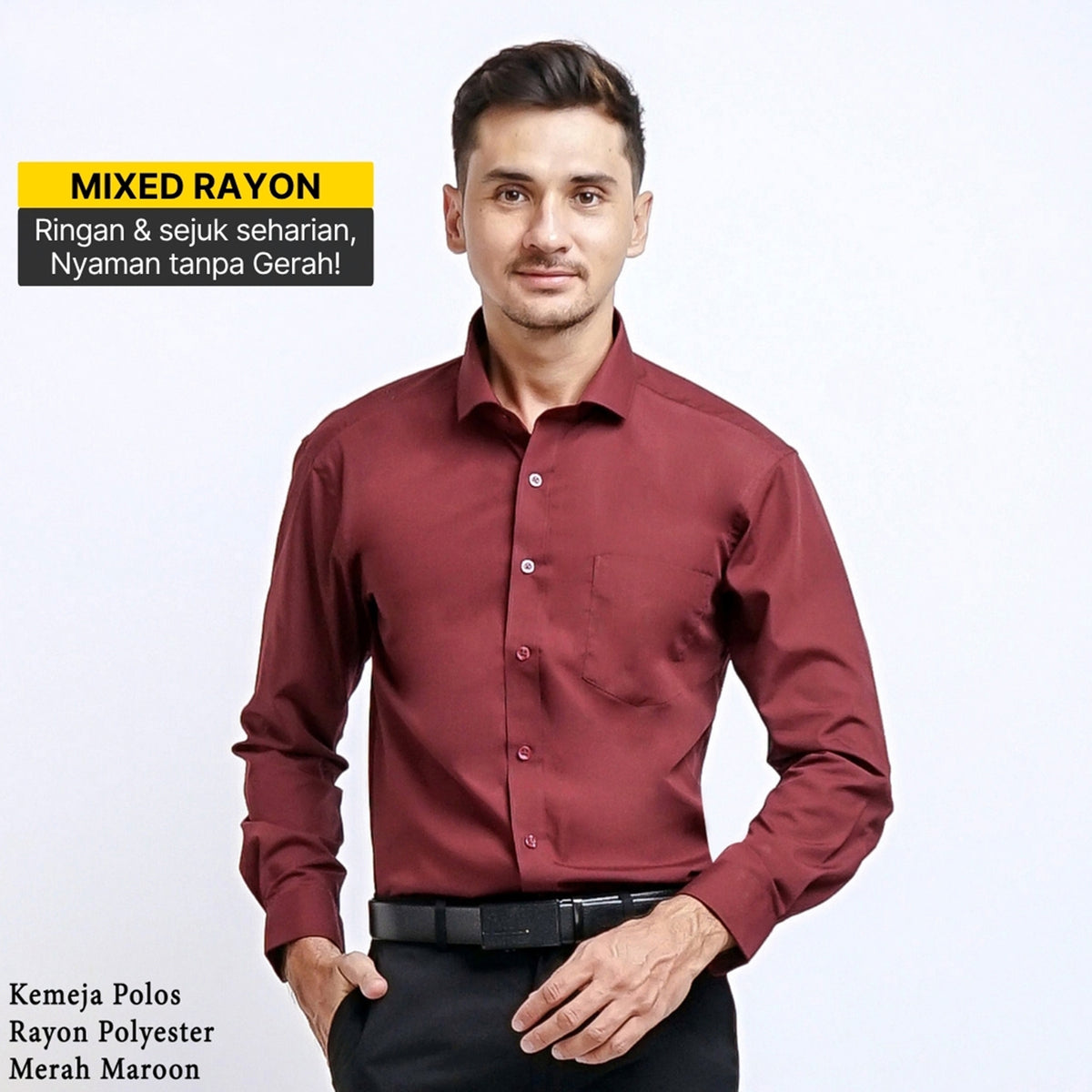 Boss SUPER Kemeja Polos Pria Lengan Panjang Mixed Rayon Regular Fit Slim Fit Merah Maroon