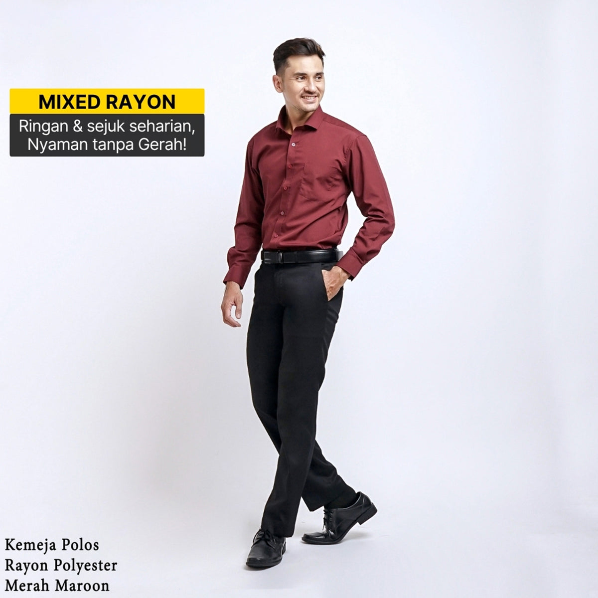 Boss SUPER Kemeja Polos Pria Lengan Panjang Mixed Rayon Regular Fit Slim Fit Merah Maroon