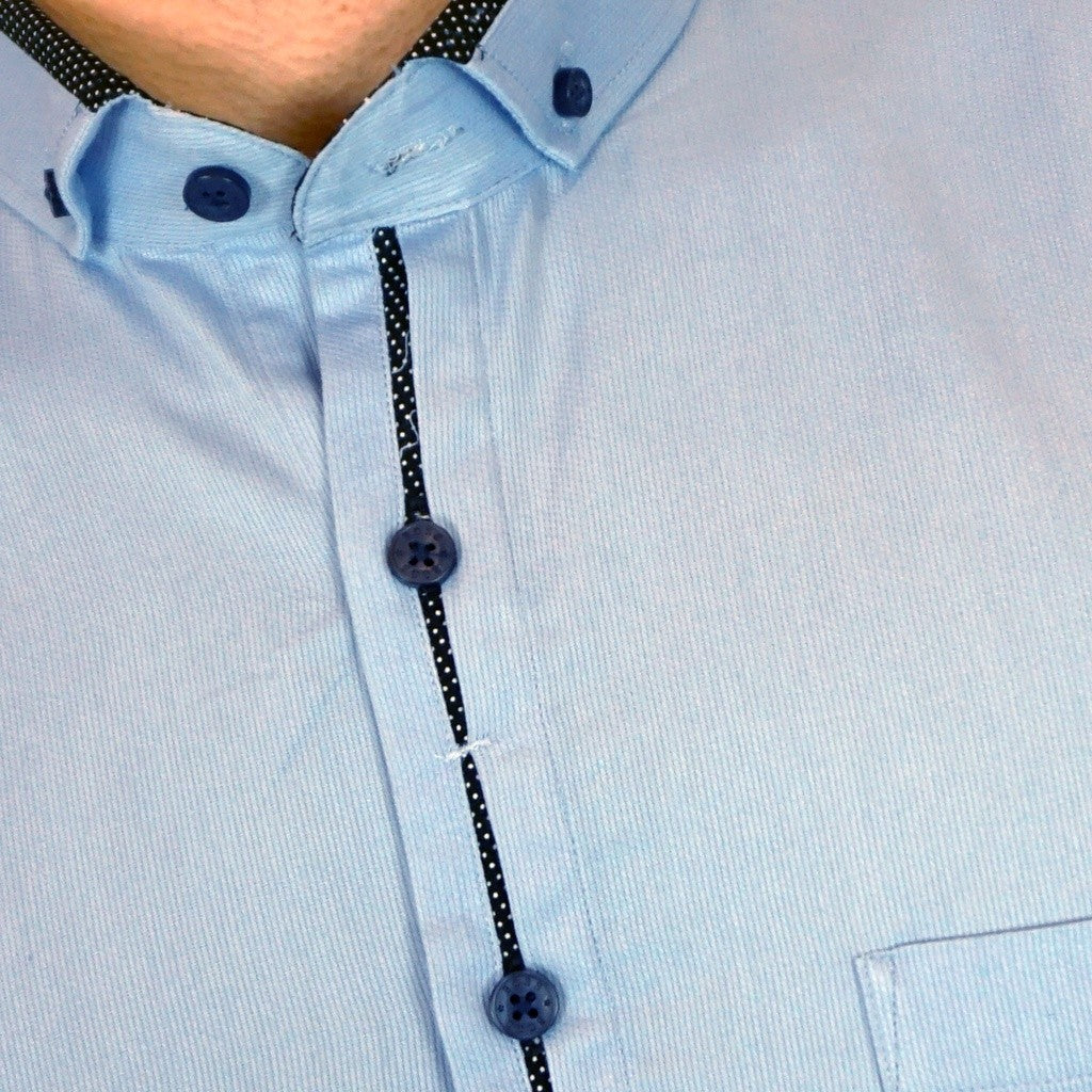 Boss SUPER Kemeja Polos Pria Cotton Pique Kombinasi List Tengah Lengan Panjang Slim Fit PQ03 Biru