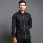 Boss SUPER Kemeja Polos Pria Cotton Pique Kombinasi List Tengah Lengan Panjang Slim Fit PQ03 Hitam