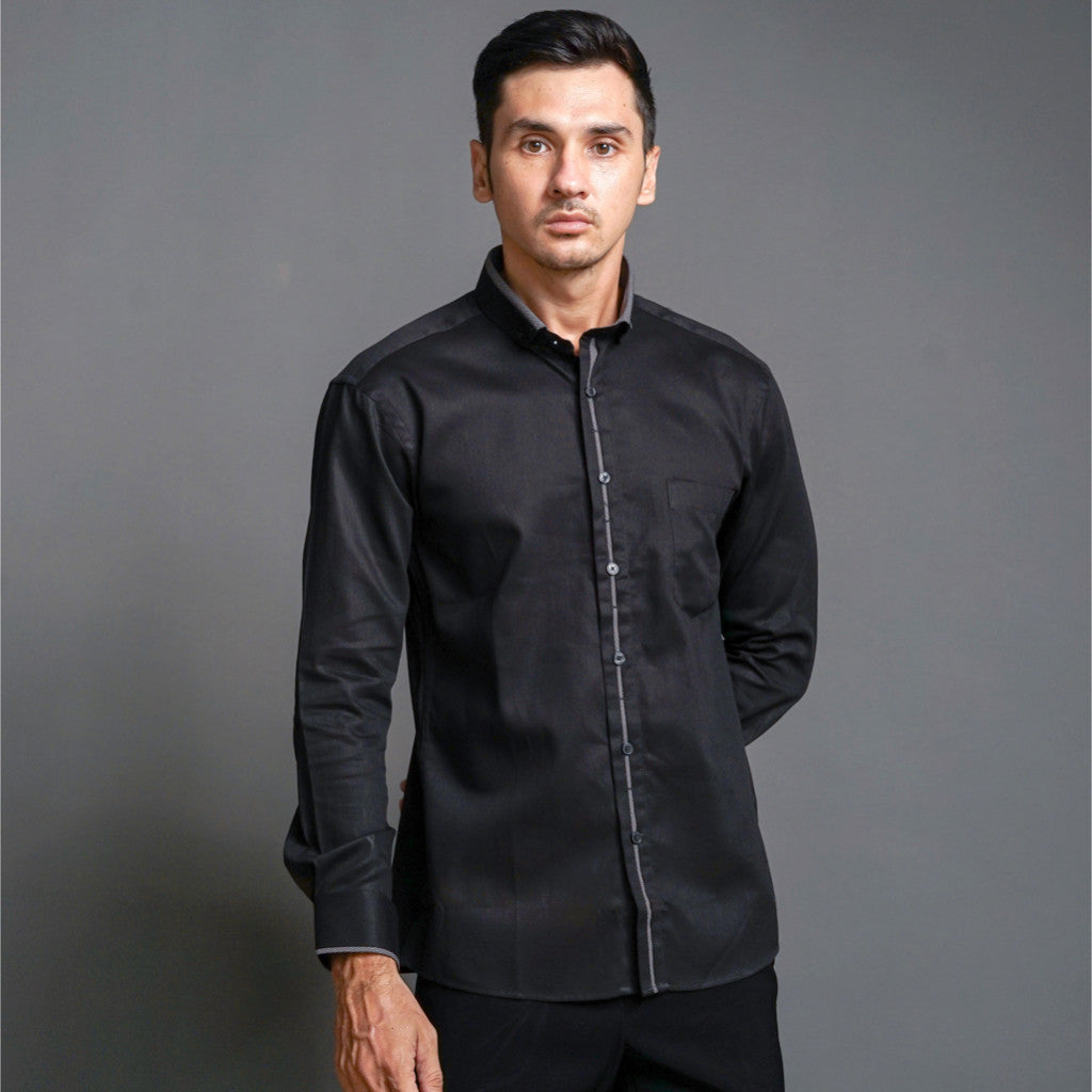 Boss SUPER Kemeja Polos Pria Cotton Pique Kombinasi List Tengah Lengan Panjang Slim Fit PQ03 Hitam