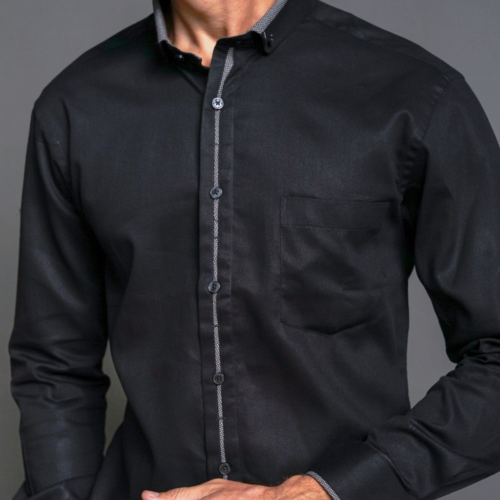Boss SUPER Kemeja Polos Pria Cotton Pique Kombinasi List Tengah Lengan Panjang Slim Fit PQ03 Hitam
