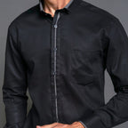 Boss SUPER Kemeja Polos Pria Cotton Pique Kombinasi List Tengah Lengan Panjang Slim Fit PQ03 Hitam