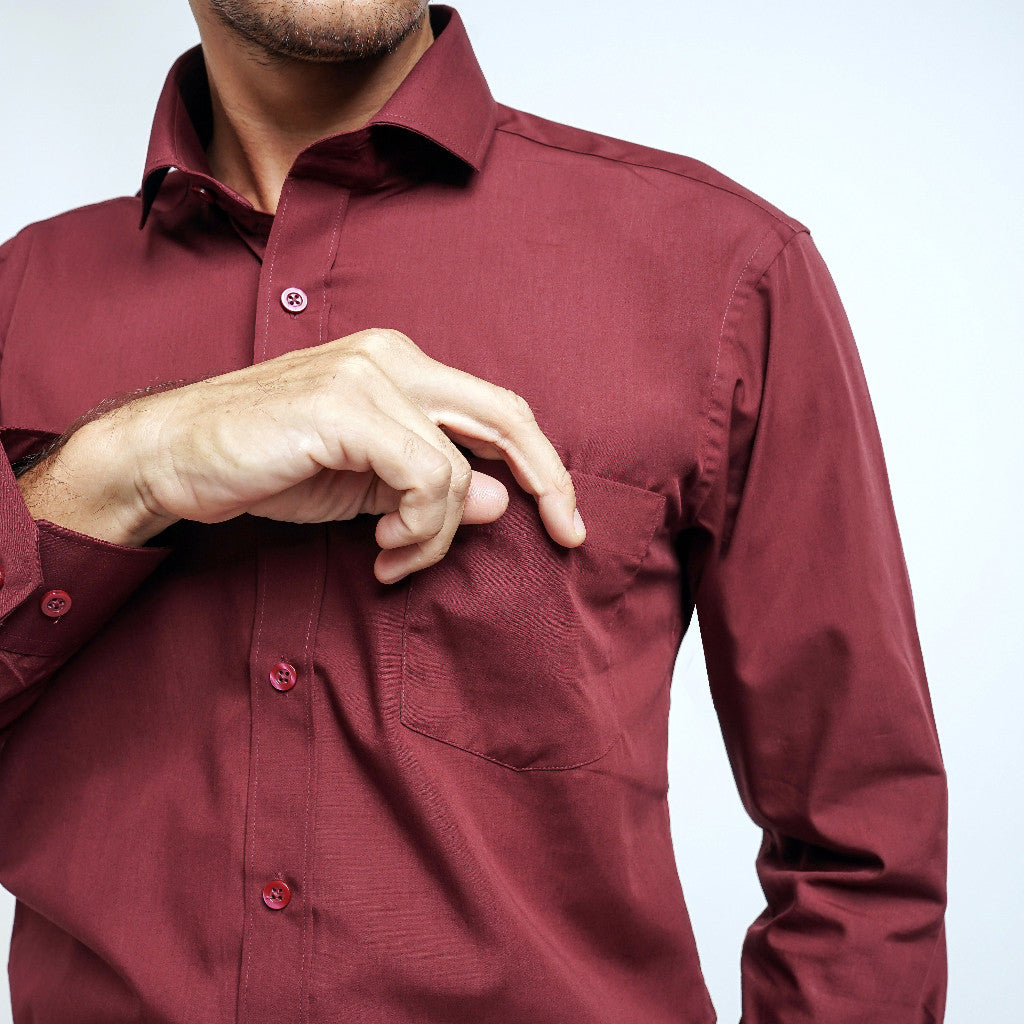 Boss SUPER Kemeja Polos Pria Lengan Panjang Merah Maroon
