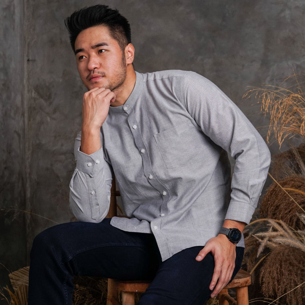 Boss SUPER Kemeja Polos Basic Pria Oxford Shanghai Lengan Panjang Slim Fit OX Abu