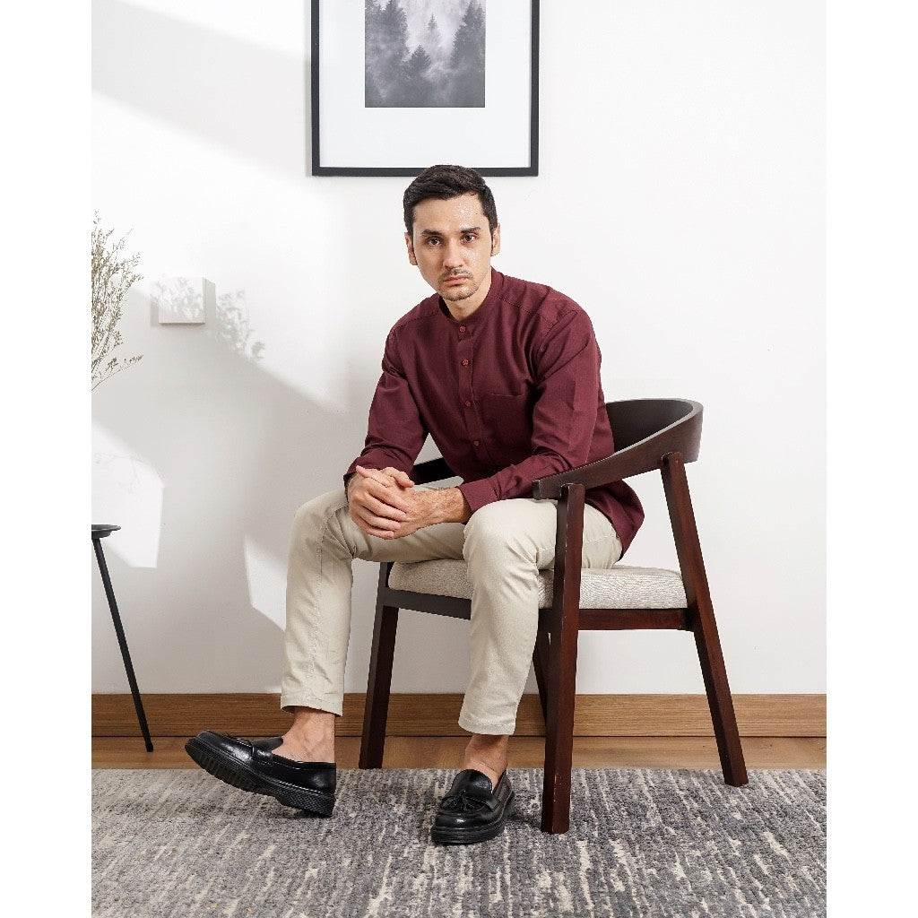 Boss SUPER Kemeja Polos Basic Pria Oxford Shanghai Lengan Panjang Slim Fit OX Maroon