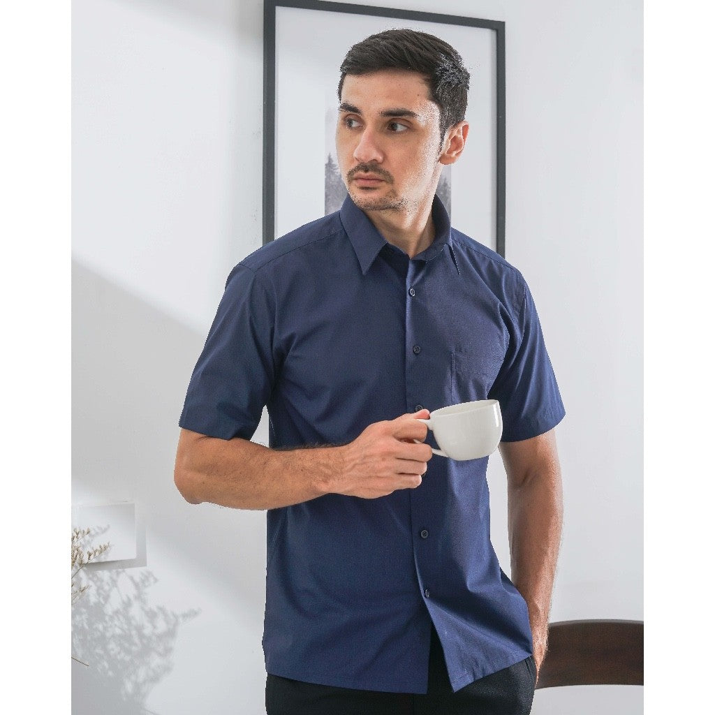Boss SUPER - Kemeja Polos Pria Lengan Pendek Atasan Hem Kantor Cowok Regular Fit Biru Navy | Size 3XS - 4XL