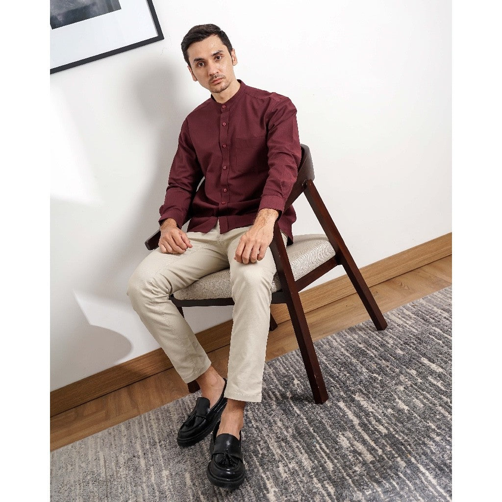Boss SUPER Kemeja Polos Basic Pria Oxford Shanghai Lengan Panjang Slim Fit OX Maroon