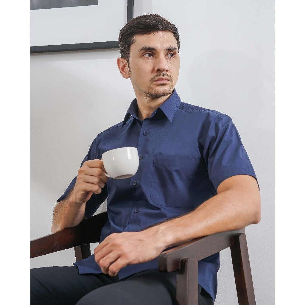 Boss SUPER - Kemeja Polos Pria Lengan Pendek Atasan Hem Kantor Cowok Regular Fit Biru Navy | Size 3XS - 4XL