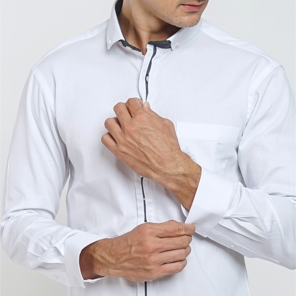 Boss SUPER Men's Pique Cotton Long Sleeve Slim Fit Shirt - White (PQ04)