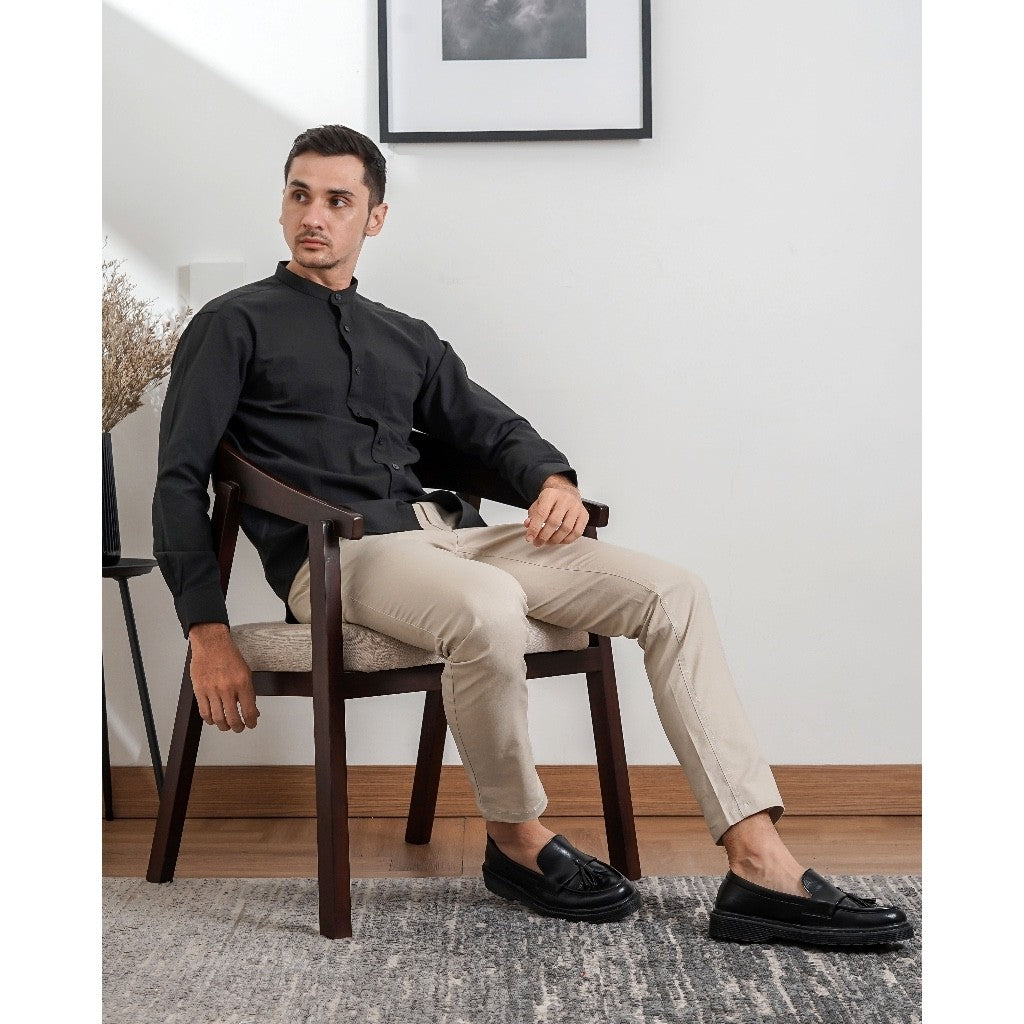 Boss SUPER Kemeja Polos Basic Pria Oxford Shanghai Lengan Panjang Slim Fit OX Hitam