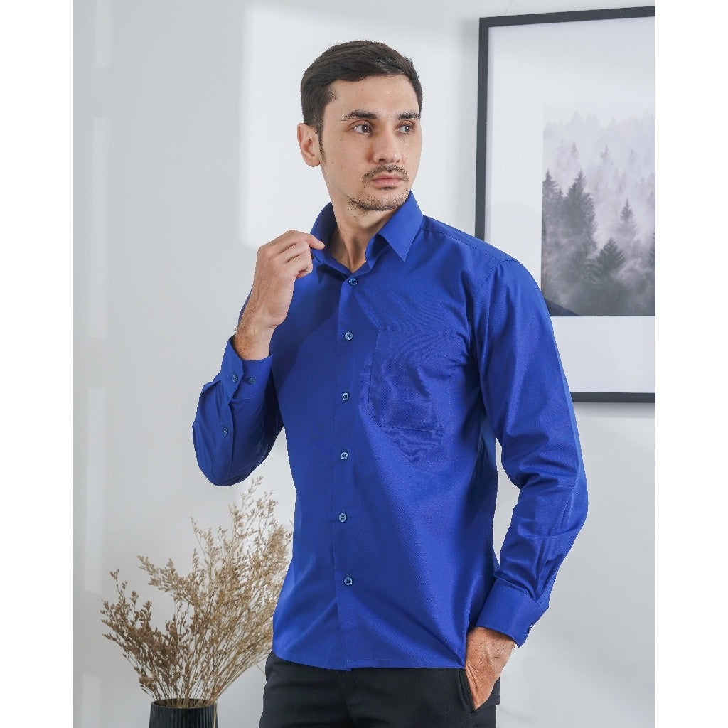 Boss SUPER - Kemeja Polos Pria Lengan Panjang Atasan Hem Kantor Cowok Regular/Slim Fit Biru Muda Elektrik A