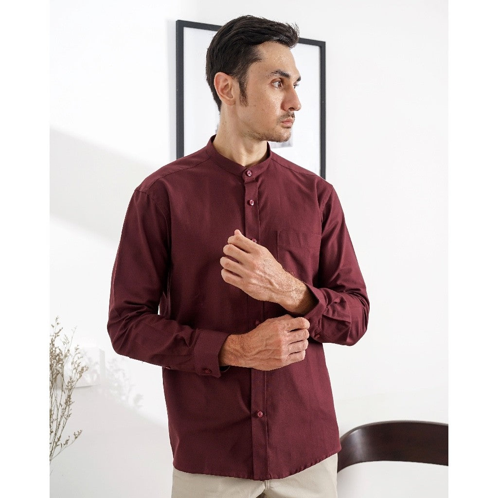 Boss SUPER Kemeja Polos Basic Pria Oxford Shanghai Lengan Panjang Slim Fit OX Maroon