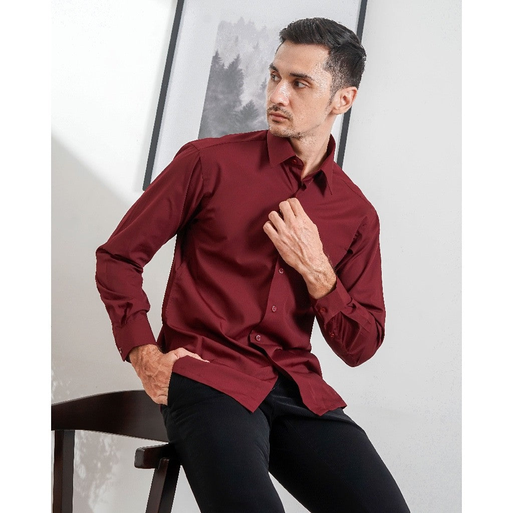 Boss SUPER Kemeja Polos Pria Lengan Panjang Merah Maroon