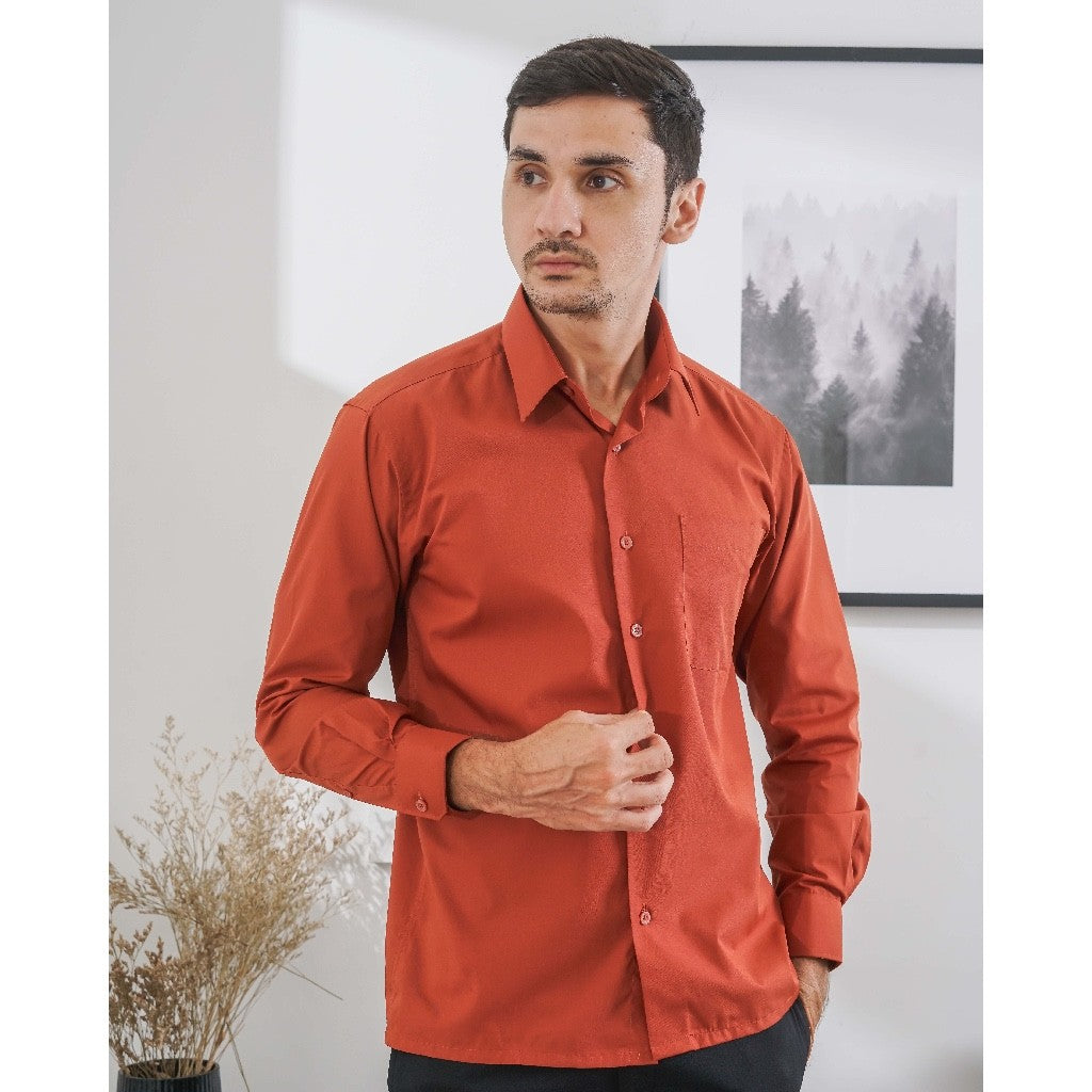 Boss SUPER Kemeja Polos Pria Lengan Panjang Regular Fit Coklat Terracota