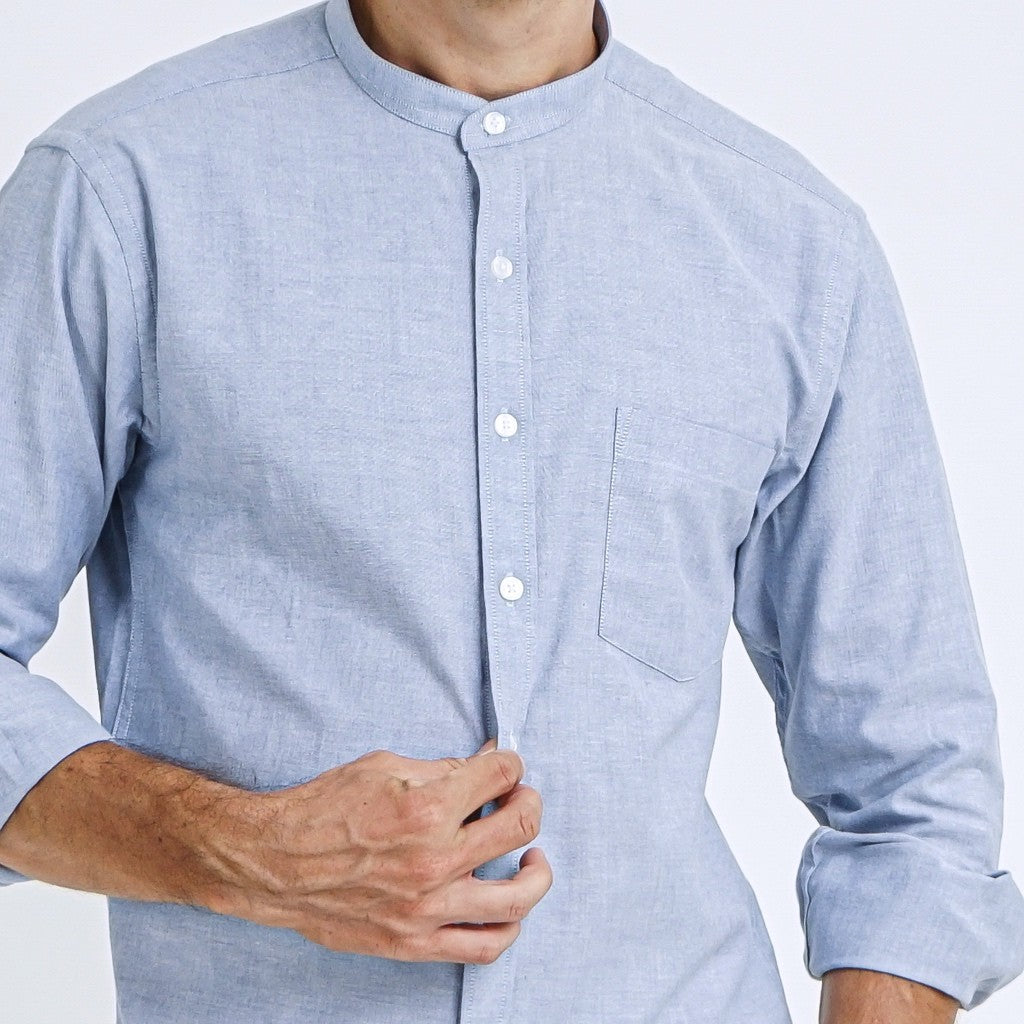 Boss SUPER Kemeja Polos Basic Pria Oxford Shanghai Lengan Panjang Slim Fit OX Biru Muda