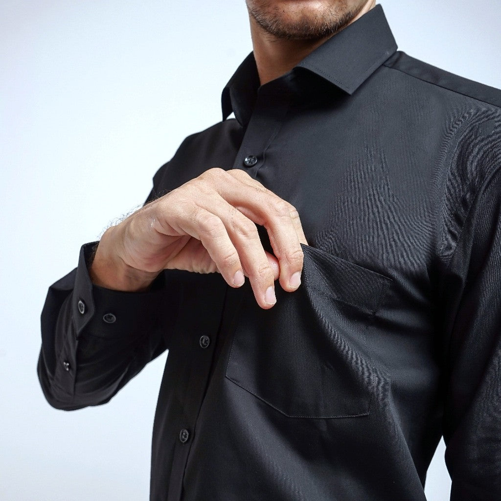 Boss SUPER Kemeja Polos Pria Lengan Panjang Hitam