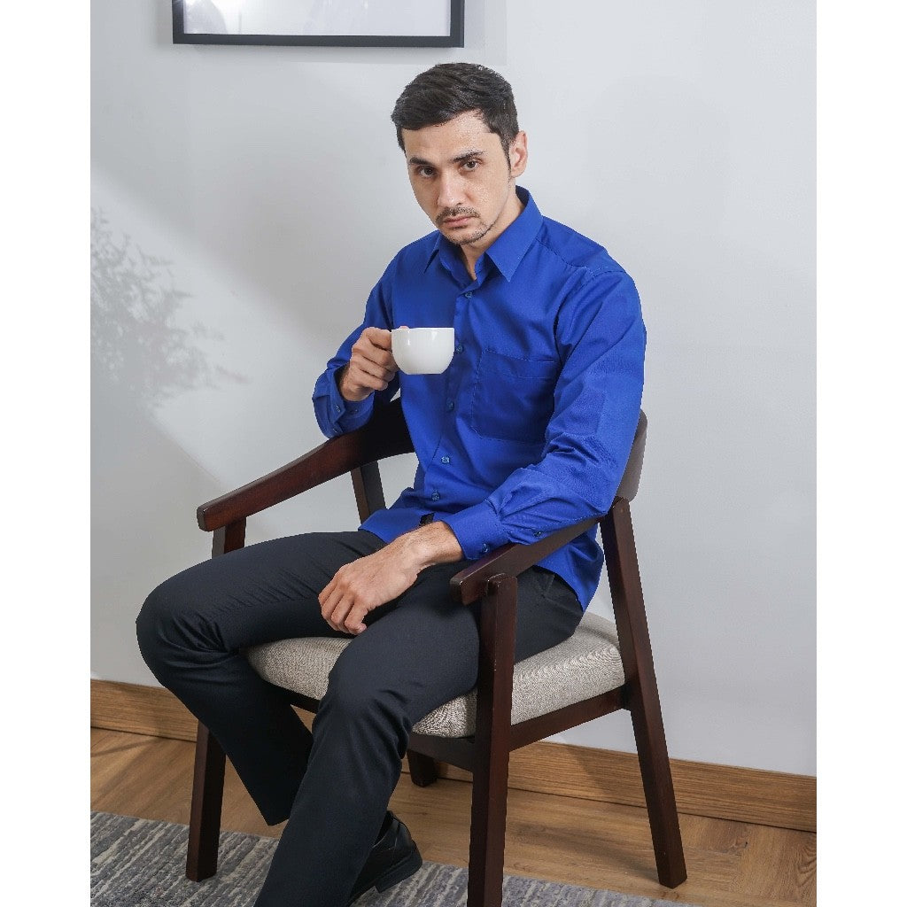Boss SUPER - Kemeja Polos Pria Lengan Panjang Atasan Hem Kantor Cowok Regular/Slim Fit Biru Muda Elektrik A