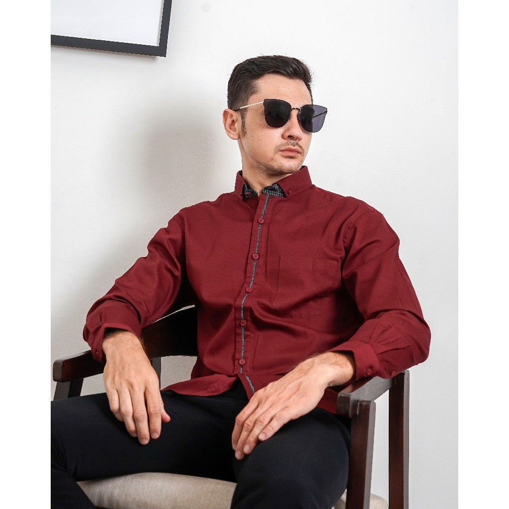 Boss SUPER Kemeja Polos Pria Cotton Pique Kombinasi List Tengah Lengan Panjang Slim Fit PQ04 Merah Maroon