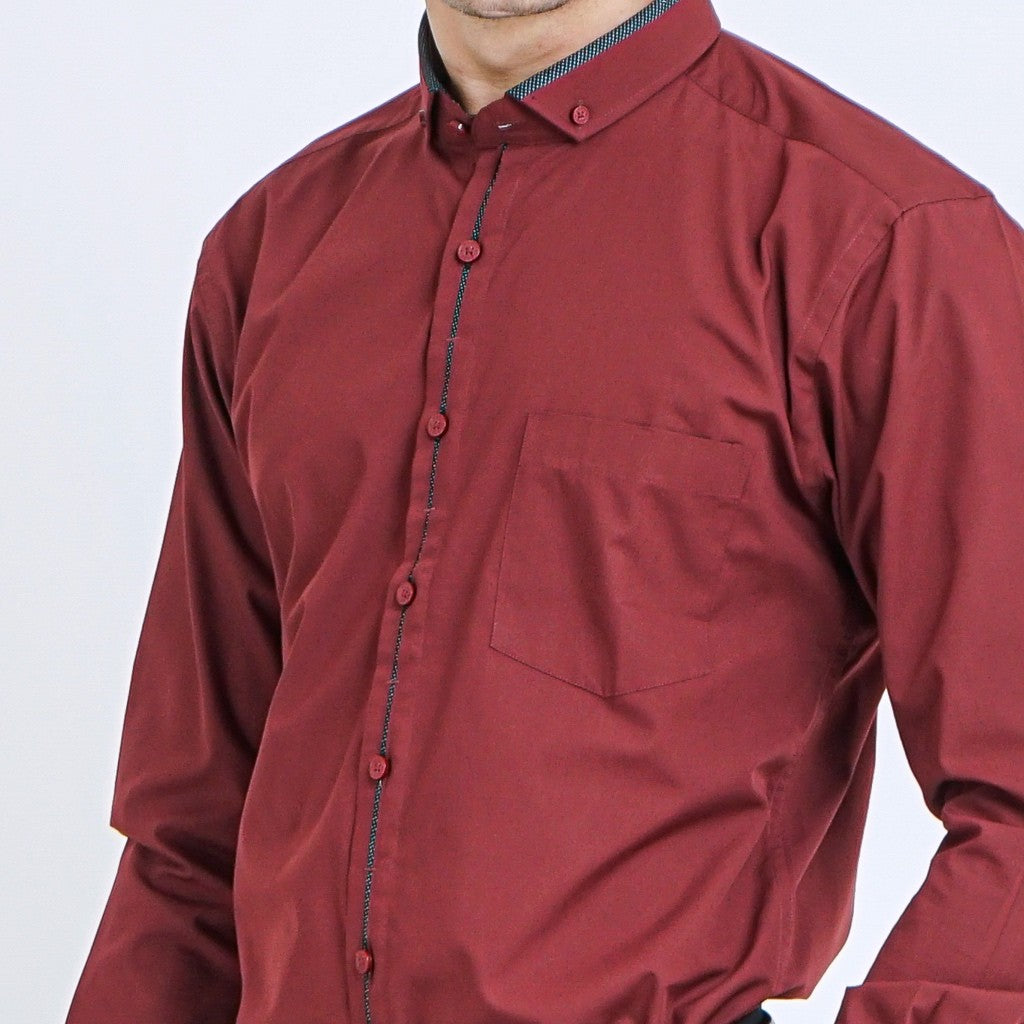 Boss SUPER Kemeja Polos Pria Eco Cotton Kombinasi List Tengah Lengan Panjang Slim Fit 1801N Merah