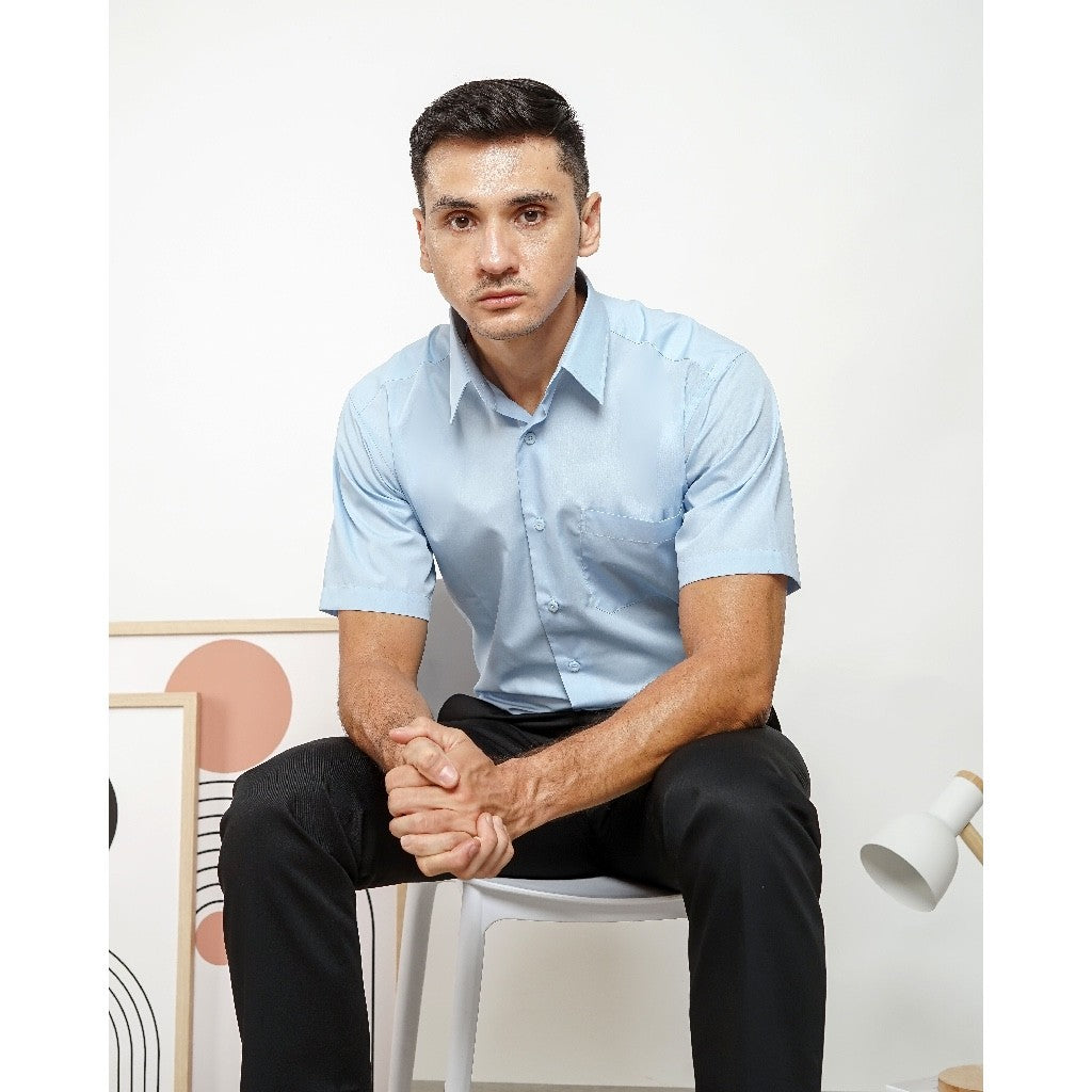 Boss SUPER Kemeja Polos Pria Lengan Pendek Regular Fit Biru