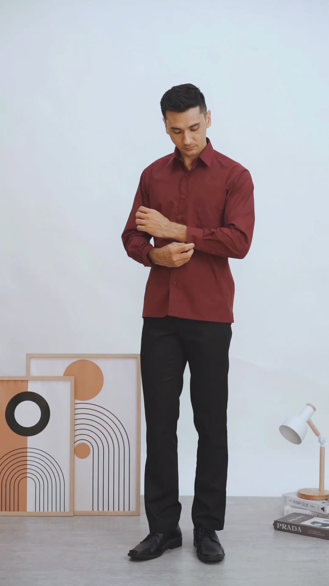 Boss SUPER Kemeja Polos Pria Lengan Panjang Merah Maroon